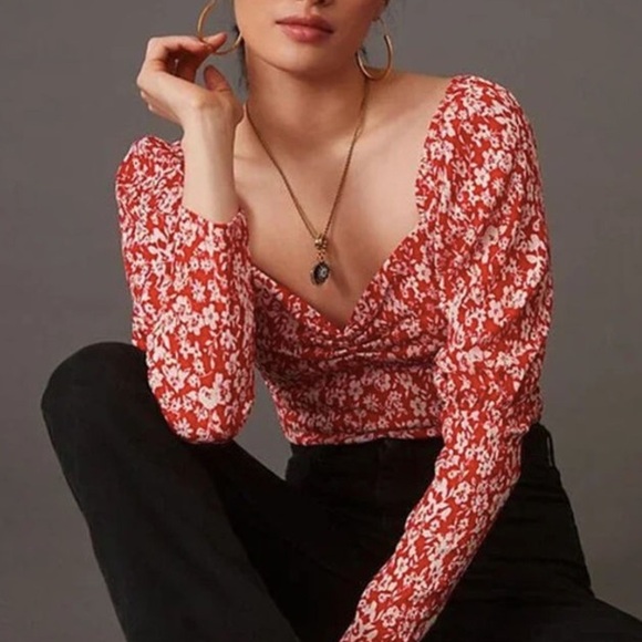 Anthropologie Red/white floral romantic Sweetheart Smock Bodice Sleeve Top sizeL - Picture 2 of 7